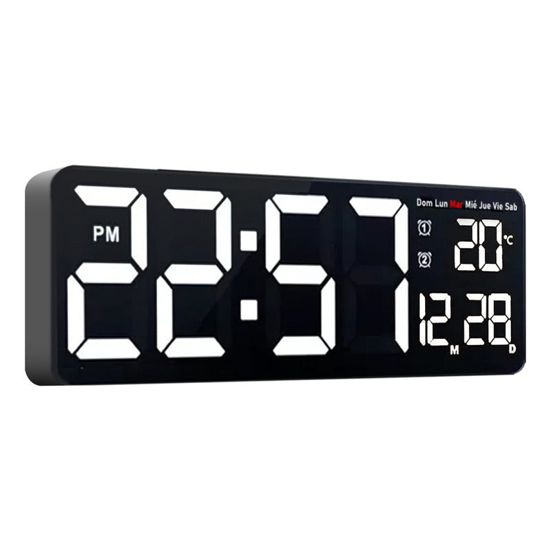 Reloj Pared Digital 40x13cm Dia Fecha Hora Temp Luz Led Blanca