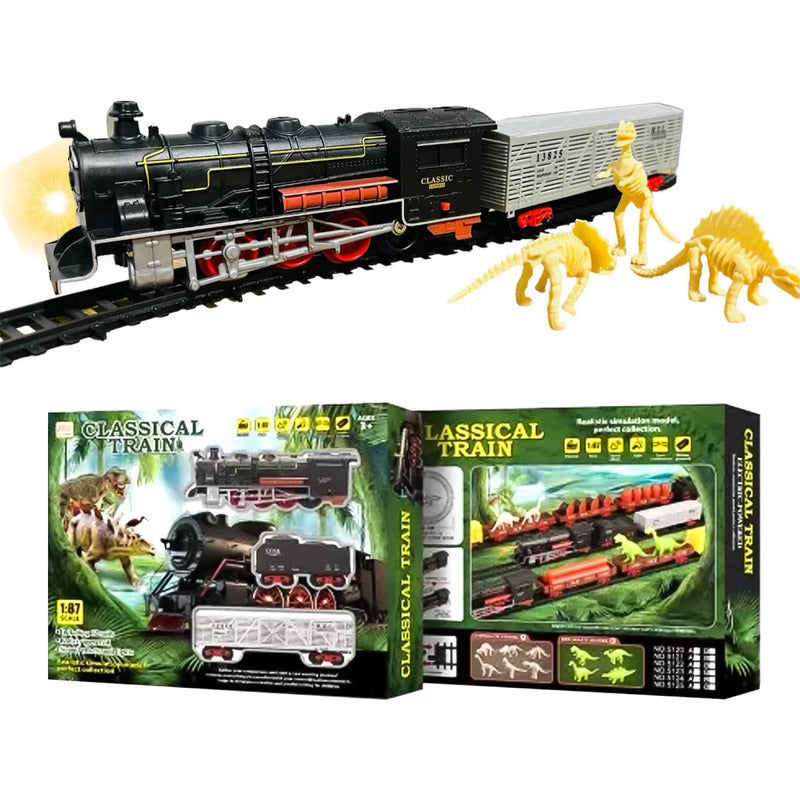 Juguete Tren Y Dinosaurio Electrico 32 Pcs Vagones Rieles