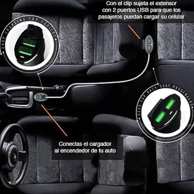 Cargador Usb Para Auto Con Alargador De 4 Puertos 1 Metro