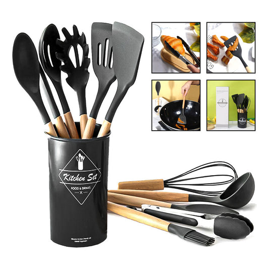 Set 12 Utensilios Cocina Antiadherente Silicona Mango Madera