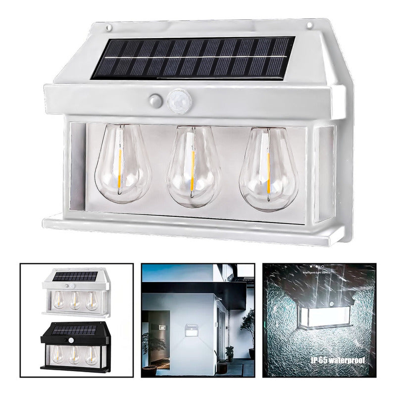 Farol Solar Aplique Pared 3 Ampolletas Led Sensor Luz Fría