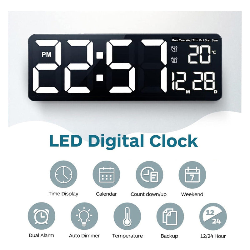 Reloj Pared Digital 40x13cm Dia Fecha Hora Temp Luz Led Blanca