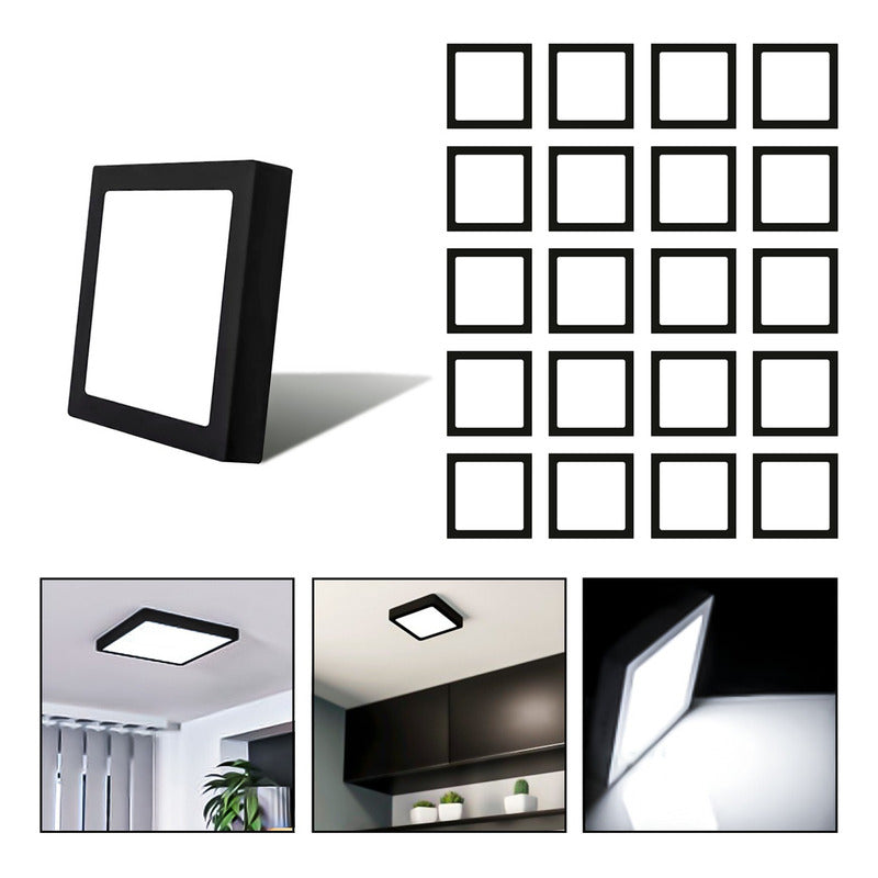 20 Foco Plafon Sobrepuesto Cuadrado 12w Luz Fria B. Negro