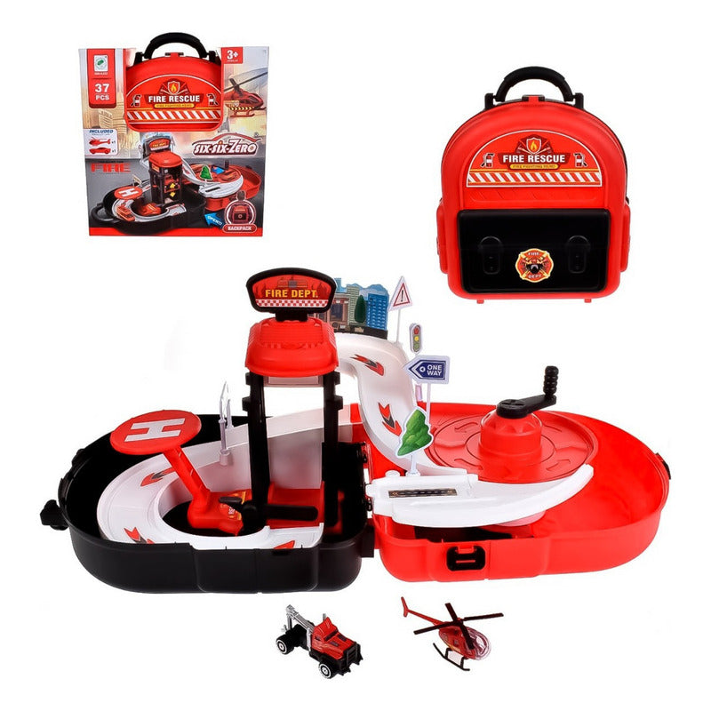Pista Auto Mochila Estacion Bombero Juguete Helicoptero Grua