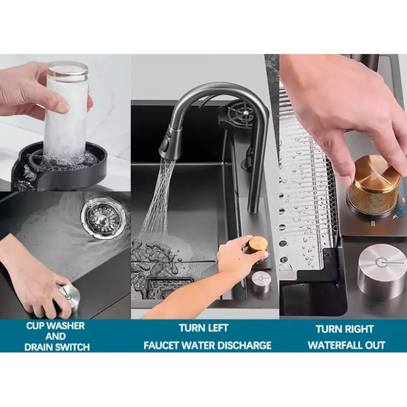 Lavaplatos Cascada Lavavasos Llave 2 Modos 68x45 Acero Inoxidable