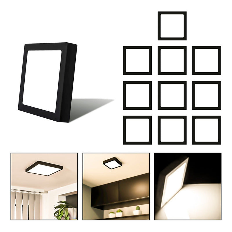 10 Foco Plafon Sobrepuesto Cuadrado 12w Luz Calida B. Negro
