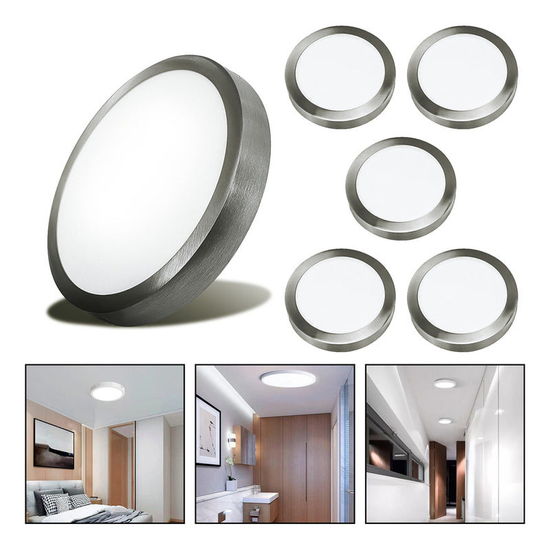 5 Foco Plafon Led Redondo Sobrepuesto 24w Luz Fria Niquel