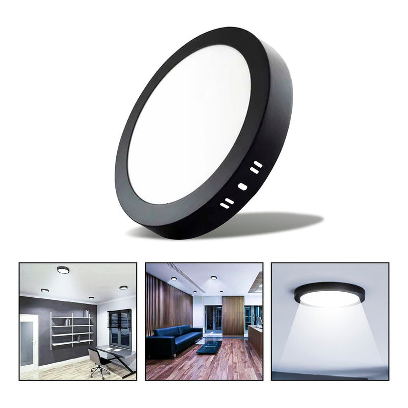 Foco Plafon Led Sobrepuesto Redondo 12w Luz Fria Borde Negro