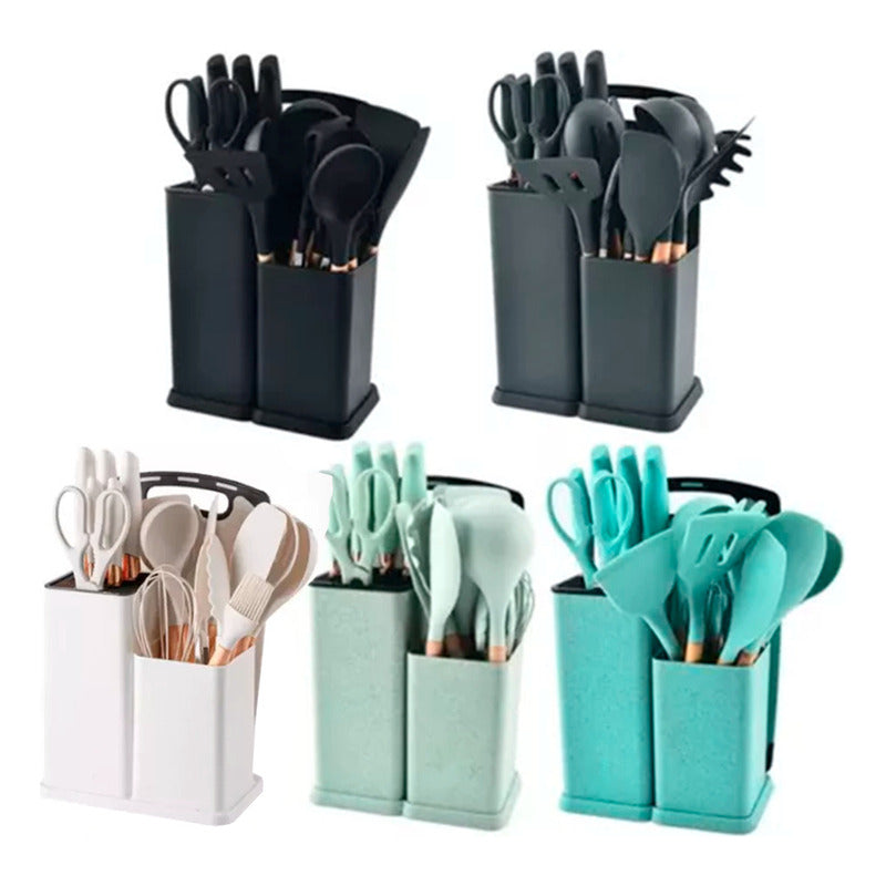 Set 19 Utensilios De Cocina Antiadherente Silicona Madera