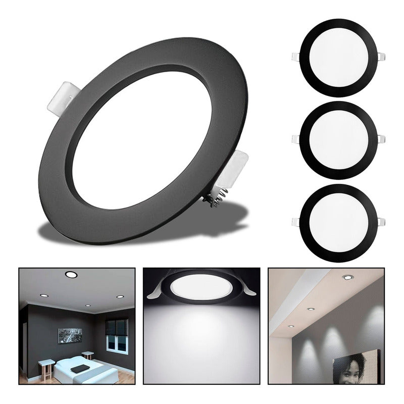 3 Foco Plafom Embutido Redondo 12w Luz Fria Borde Negro