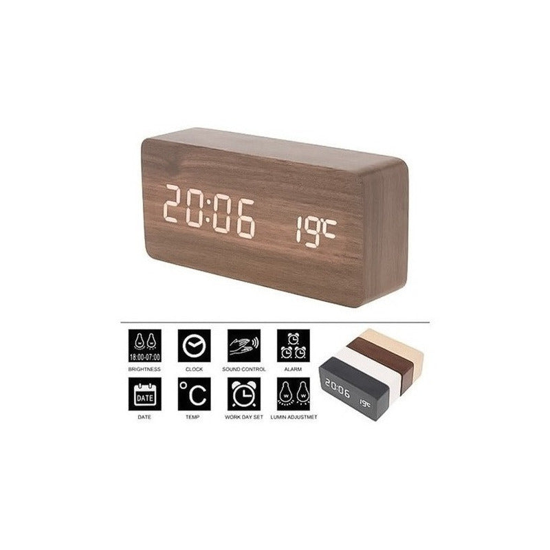 Reloj Despertador Digital De Madera Luz Lcd Pilas Y Usb 1299