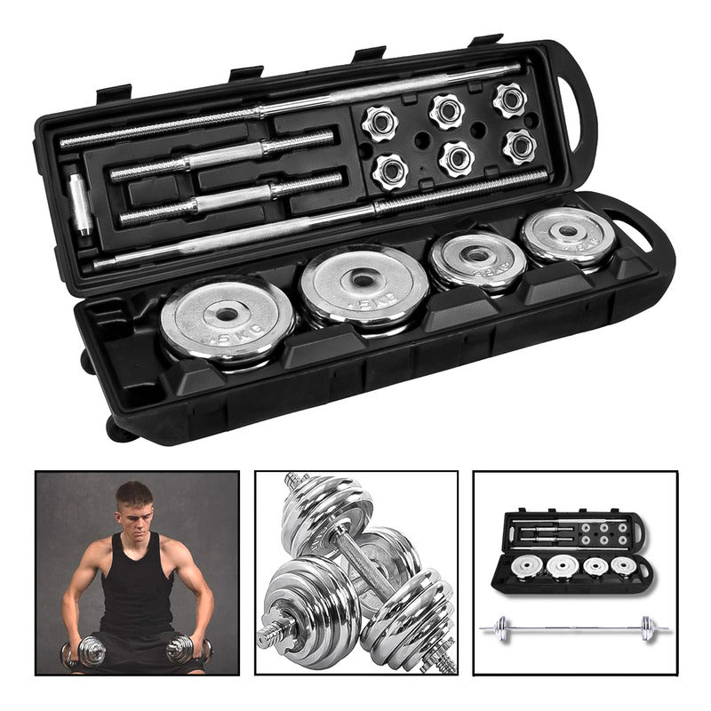 Set Mancuernas Barra Extendible 50 Kg Cromo Con Maleta
