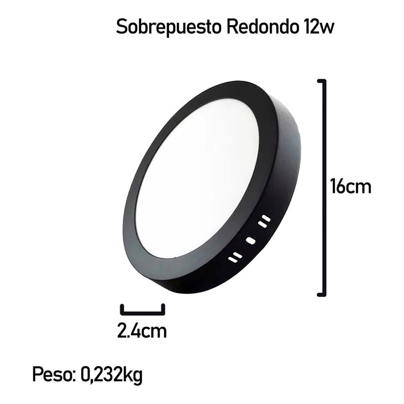 10 Foco Plafon Sobrepuesto Redondo 12w Luz Fria Borde Negro