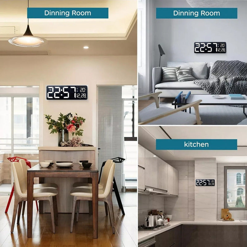 Reloj Pared Digital 40x13cm Dia Fecha Hora Temp Luz Led Blanca