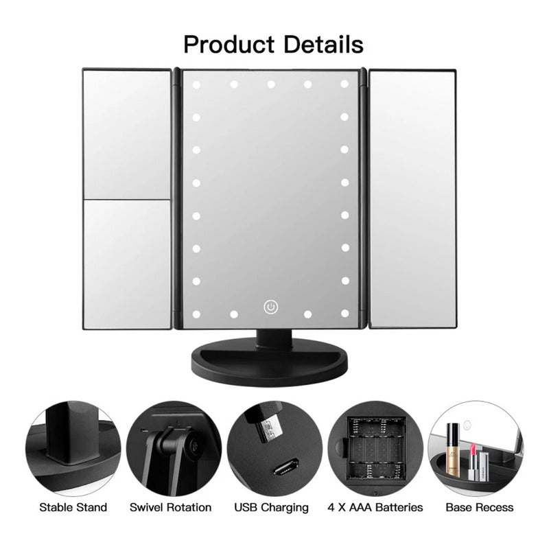 Espejo Con Luces Maquillaje Aumento 3x 24 Led 4 Pilas Aaa