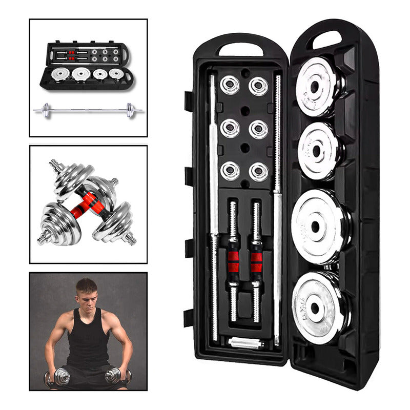 Set Mancuernas Barra Extendible 50 Kg Cromo Con Maleta