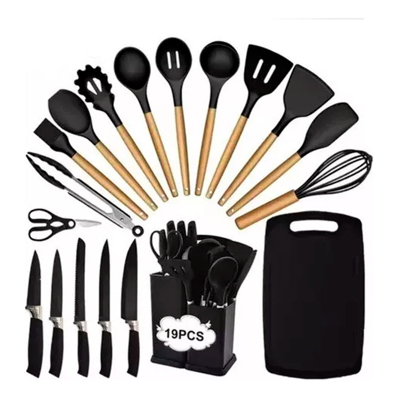 Set 19 Utensilios De Cocina Antiadherente Silicona Madera