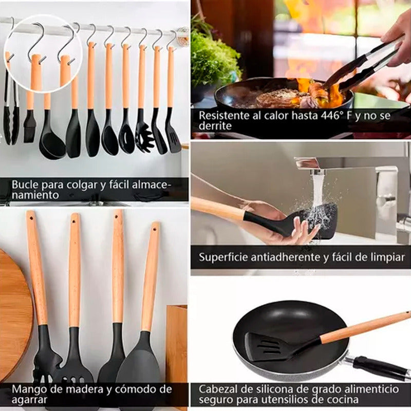 Set 19 Utensilios De Cocina Antiadherente Silicona Madera