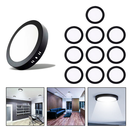 10 Foco Plafon Sobrepuesto Redondo 12w Luz Fria Borde Negro