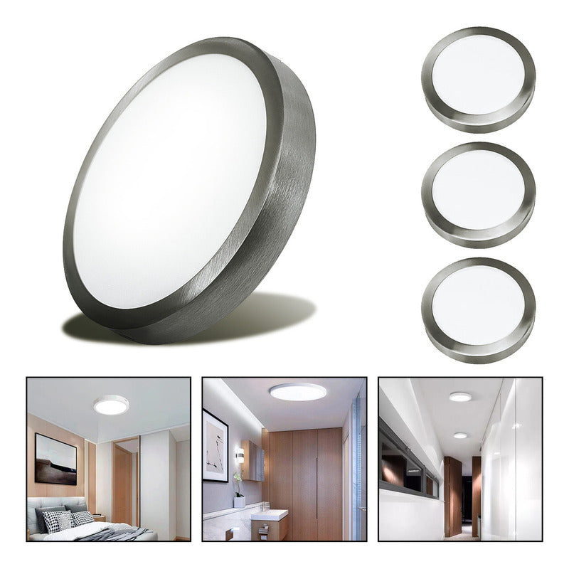 3 Foco Plafon Led Redondo Sobrepuesto 18w Luz Fria Niquel