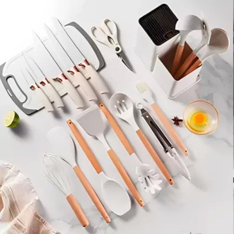 Set 19 Utensilios De Cocina Antiadherente Silicona Madera