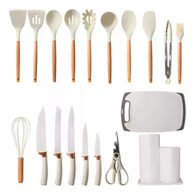 Set 19 Utensilios De Cocina Antiadherente Silicona Madera
