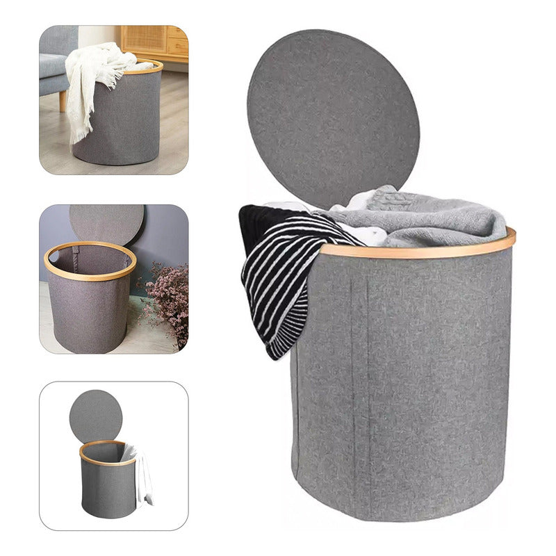 Cesto Canasto Ropa Sucia Plegable Borde Madera Con Tapa