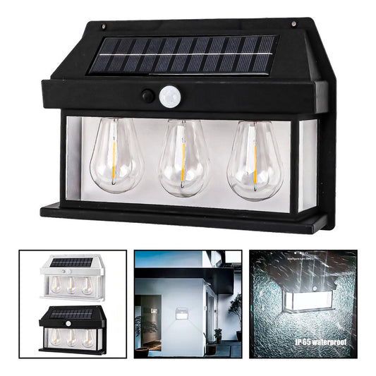 Farol Solar Aplique Pared 3 Ampolletas Led Sensor Luz Fría