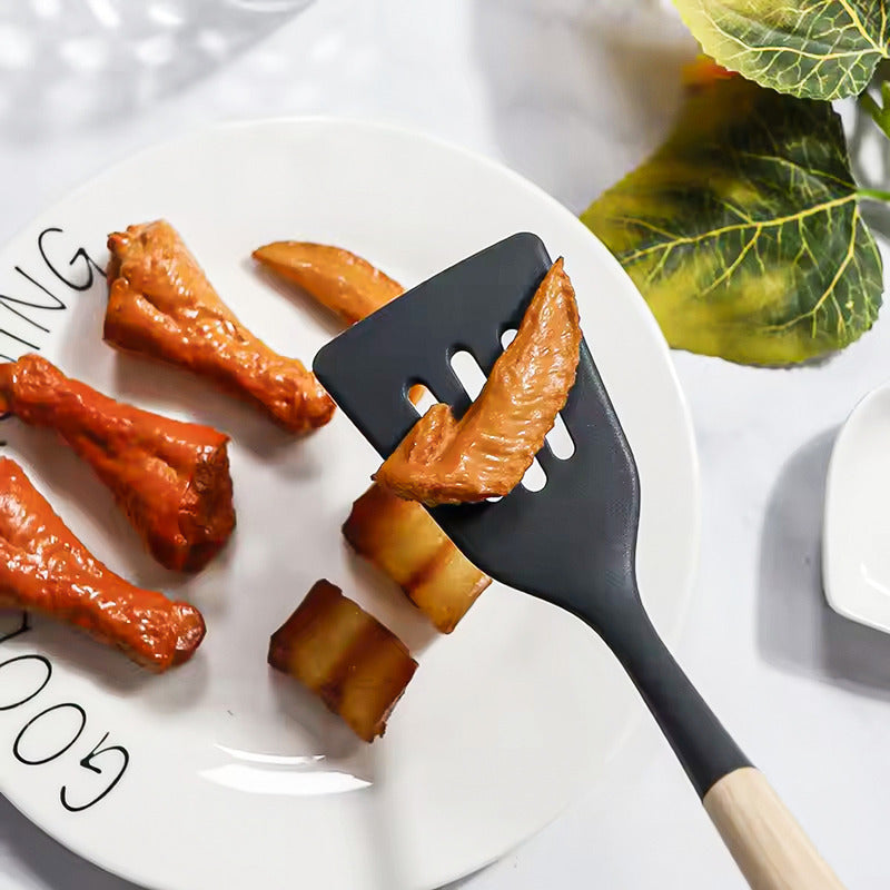 Set 12 Utensilios Cocina Antiadherente Silicona Mango Madera