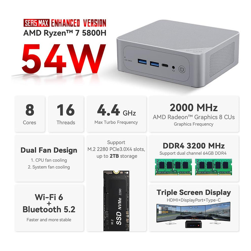Mini Pc Beelink Ser5 Amd Ryzen 7 5800h 32 Gb Ram 500 Gb Ssd