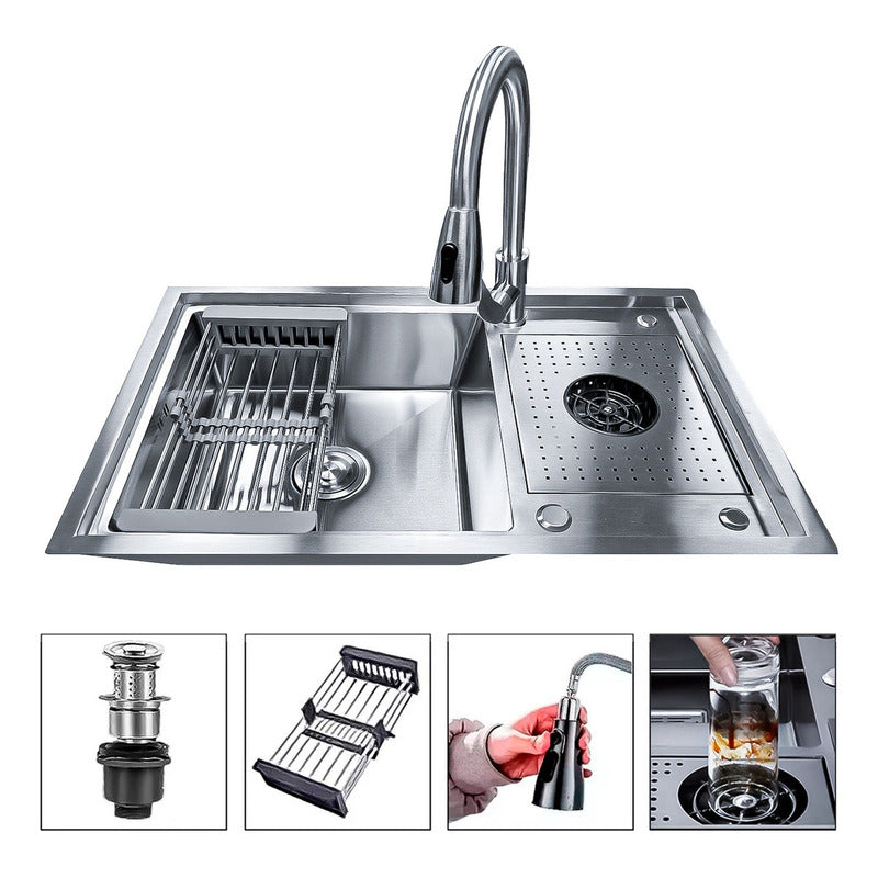 Lavaplatos 80x50cm Con Llave 2 Modos Acero 304 Lavavasos