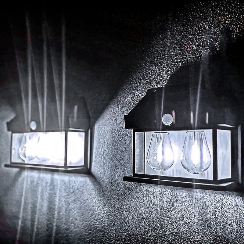 3 Farol Solar Aplique Pared 2 Ampolletas Led Sensor Luz Calida Jardin