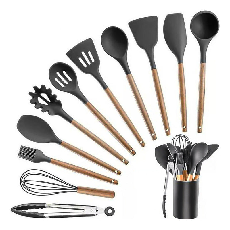 Set 12 Utensilios Cocina Antiadherente Silicona Mango Madera