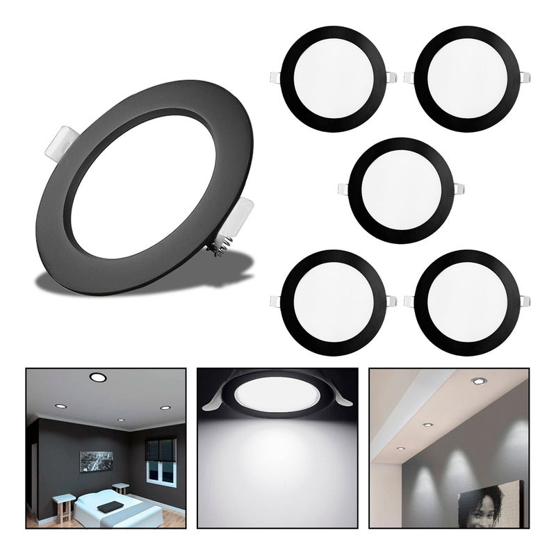 5 Foco Plafon Embutido Redondo 12w Luz Fria Borde Negro
