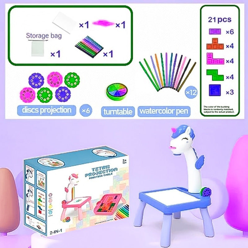 Mesa 2 En 1 Proyector Dibujo Didactica Juego Tetris Unicornio