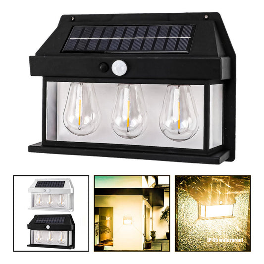 Farol Solar Aplique Pared 3 Ampolletas Led Sensor Luz Calido