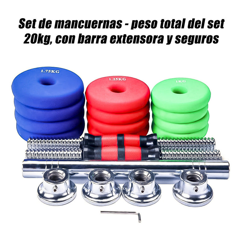Set Mancuernas Y Barra 20kg Colores Acero Neopreno
