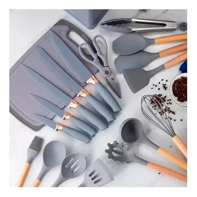 Set 19 Utensilios De Cocina Antiadherente Silicona Madera