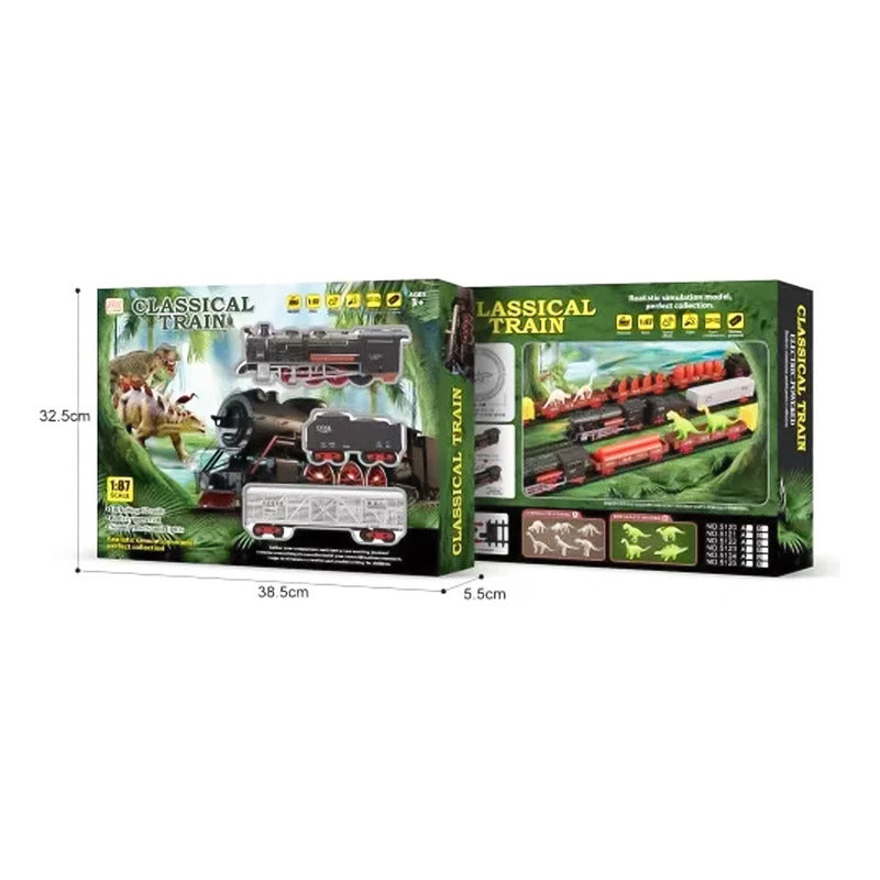 Juguete Tren Y Dinosaurio Electrico 32 Pcs Vagones Rieles