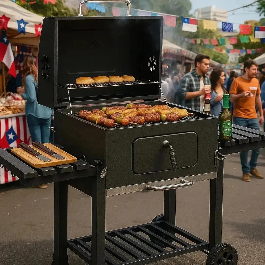 Parrilla A Carbon De Acero Inoxidable Con Tapa y 2 Ruedas Con Doble Repisa