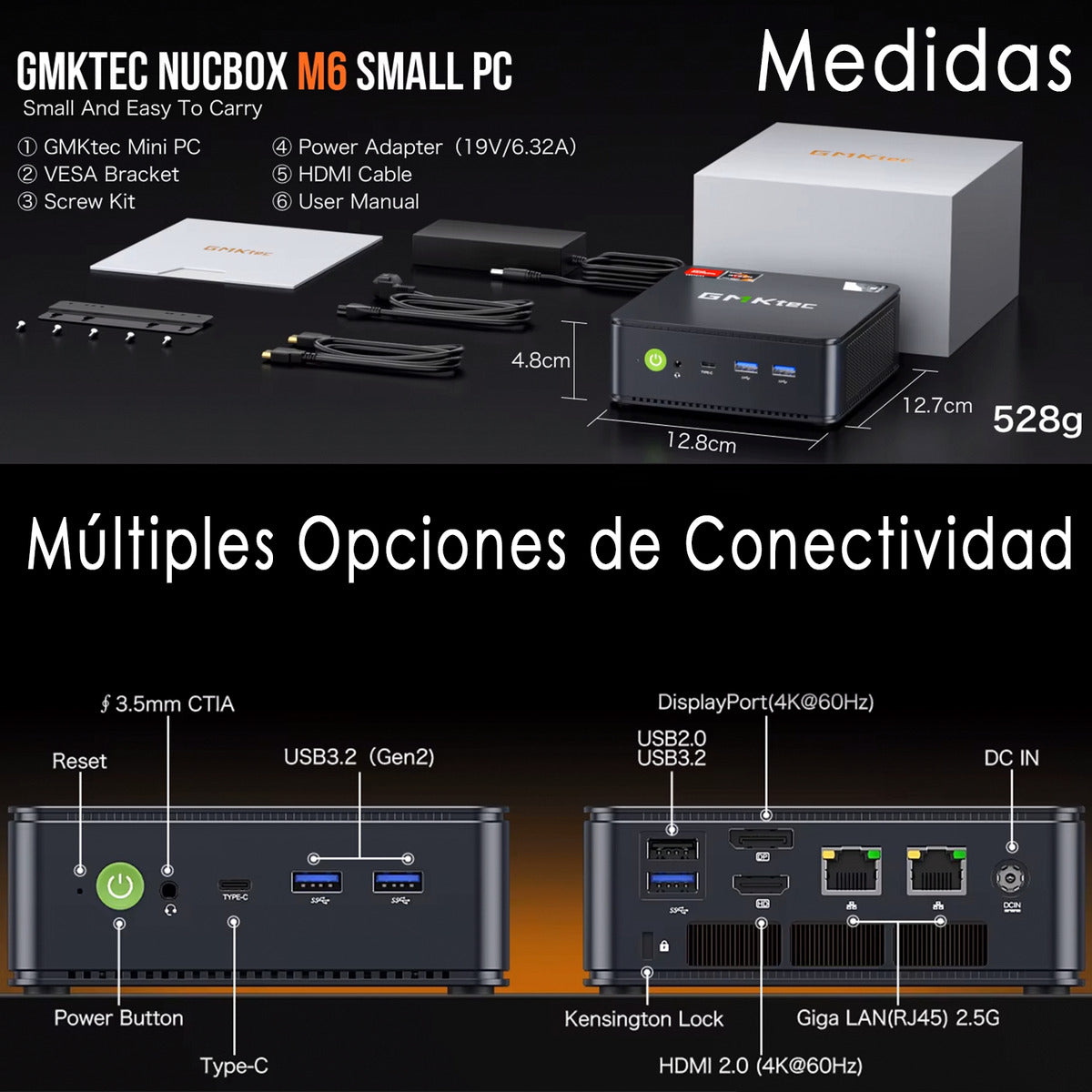 Mini Pc Gmktec M6 Ryzen5 6600h Ddr5 16gb 1tb 8k Dual Lan