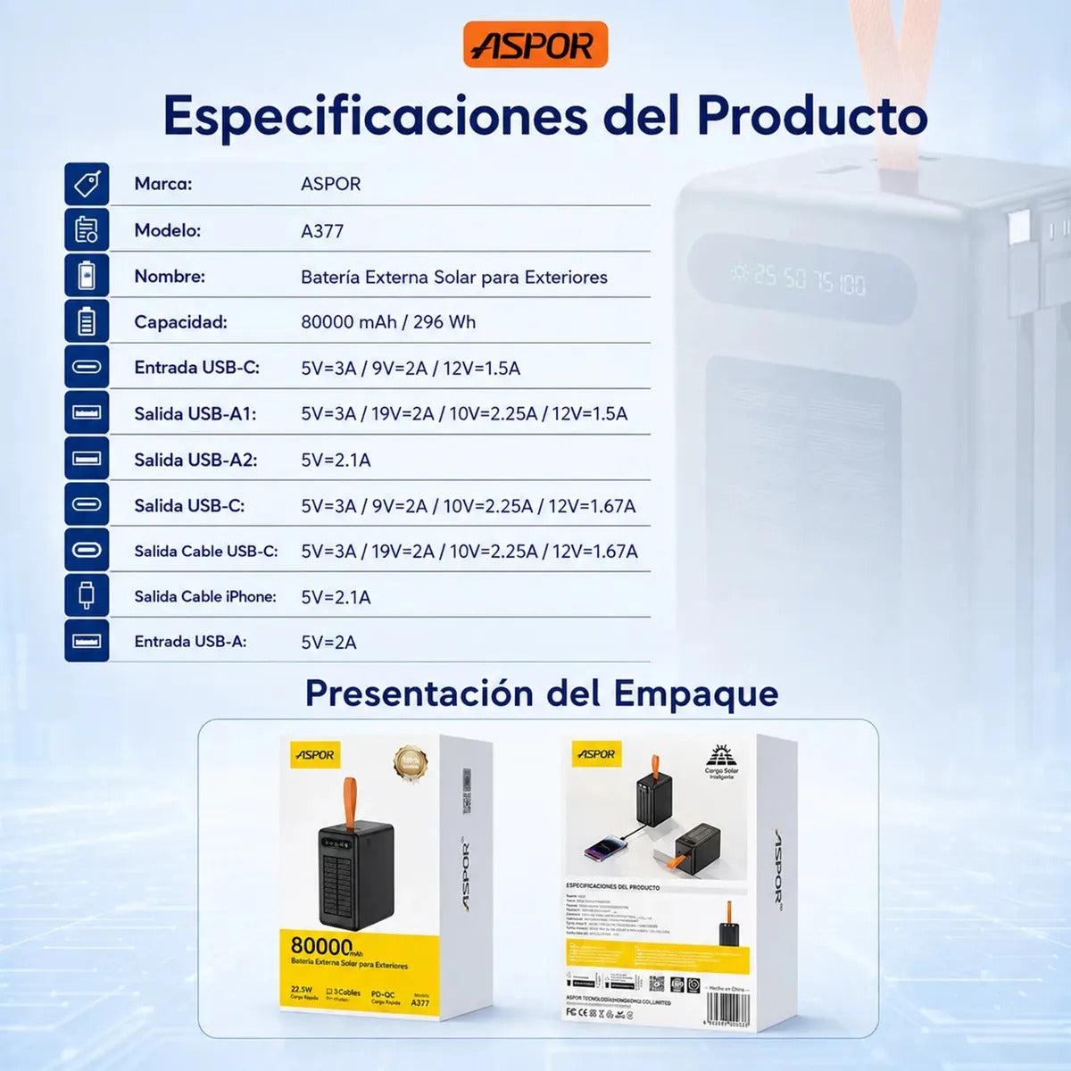 Power Bank Solar 80.000mah Bateria Portatil  Carga Rapida 22.5w