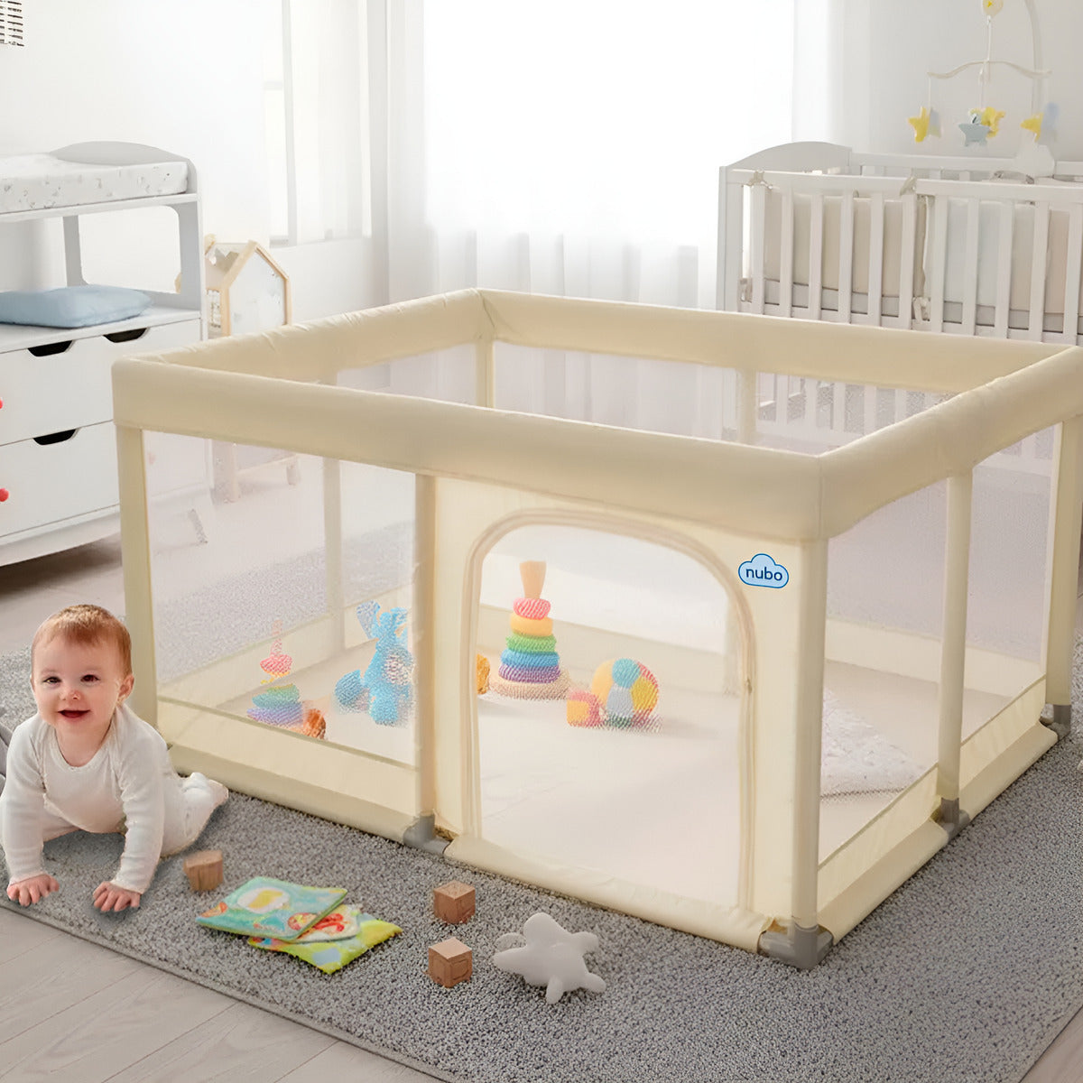 Corral Infantil Bebe Malla y Tela Oxford Con Pelota 120x120cm