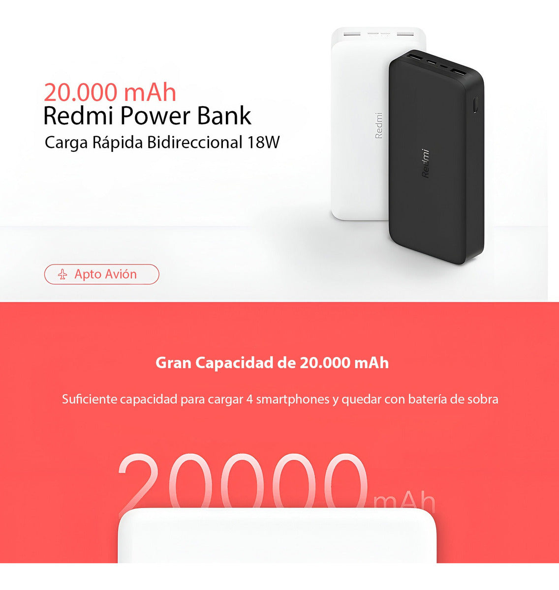 Cargador Portatil Xiaomi Redmi 18w 20.000mah Carga Rapida Negro