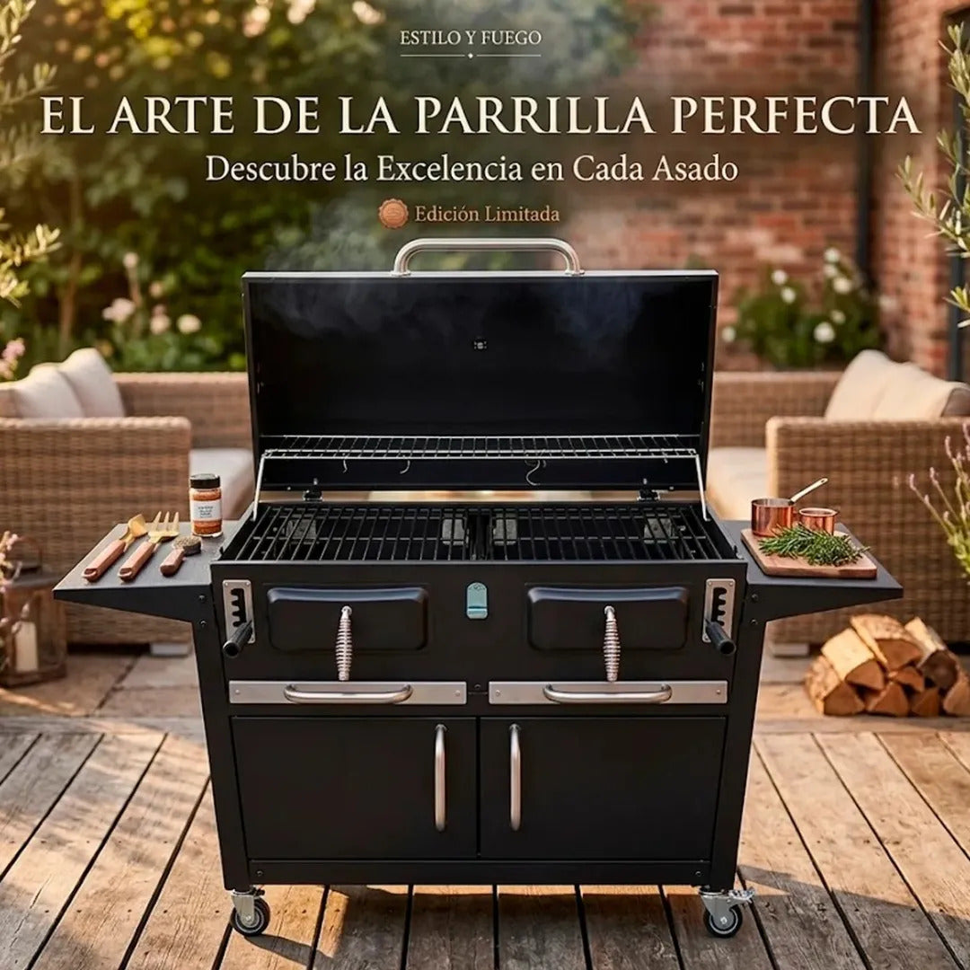 Parrilla A Carbon Con Tapa Premium De Acero Con 4 Ruedas Asados