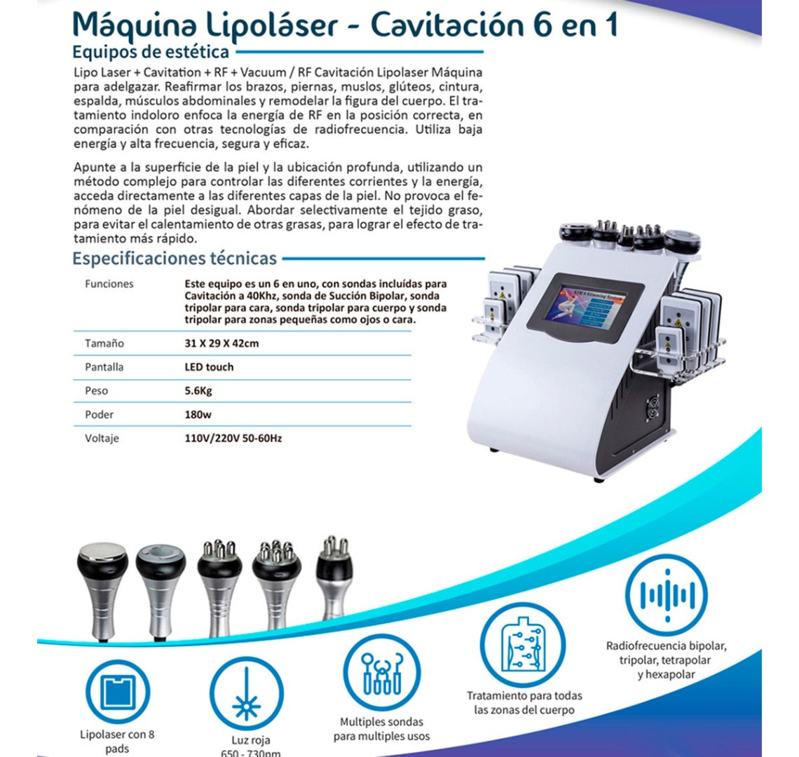 Maquina Cavitacion 6 En 1 Radiofrecuencia + lipolaser + vacuum Ultrasonido