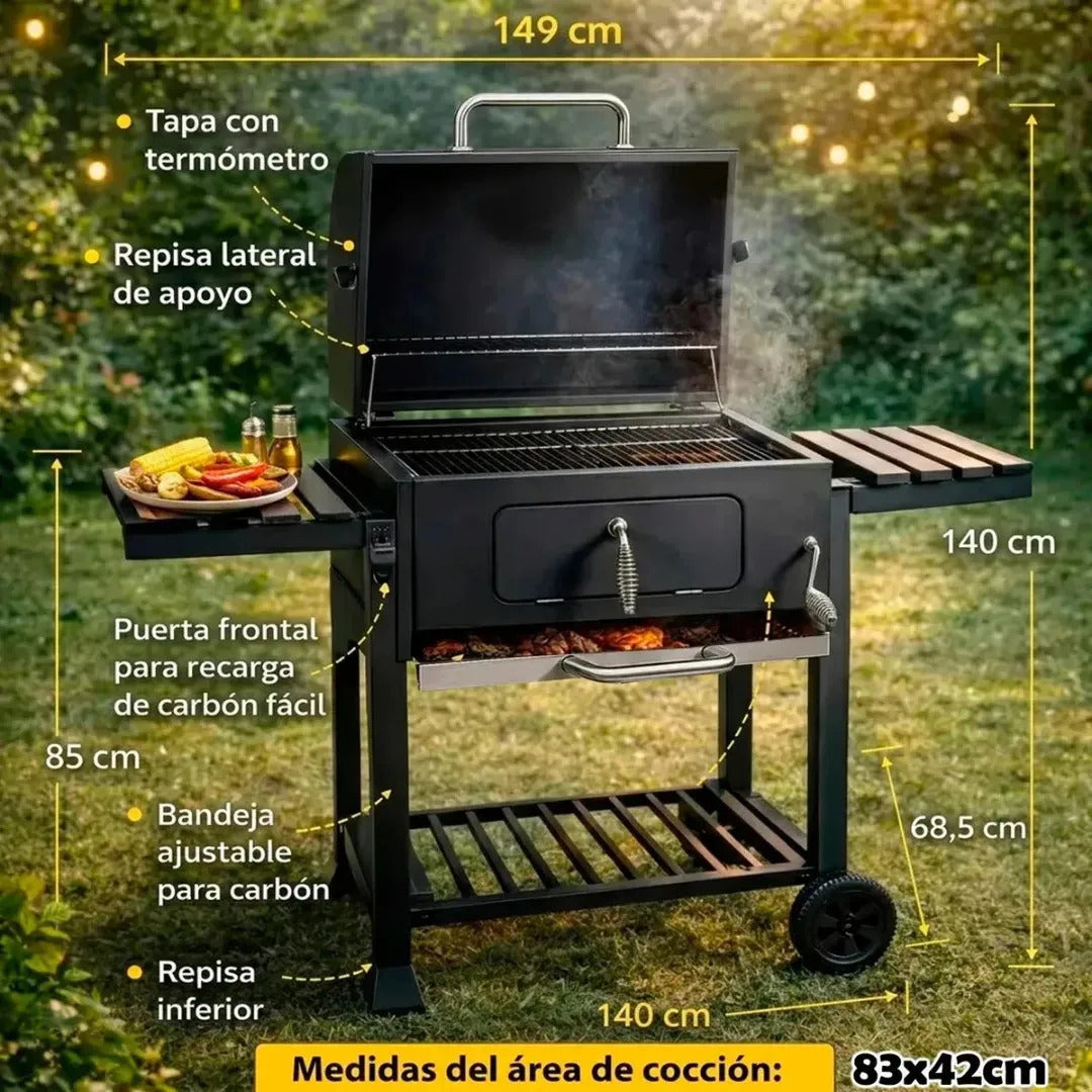 Parrilla A Carbon De Acero Inoxidable Con Tapa y 2 Ruedas Con Doble Repisa