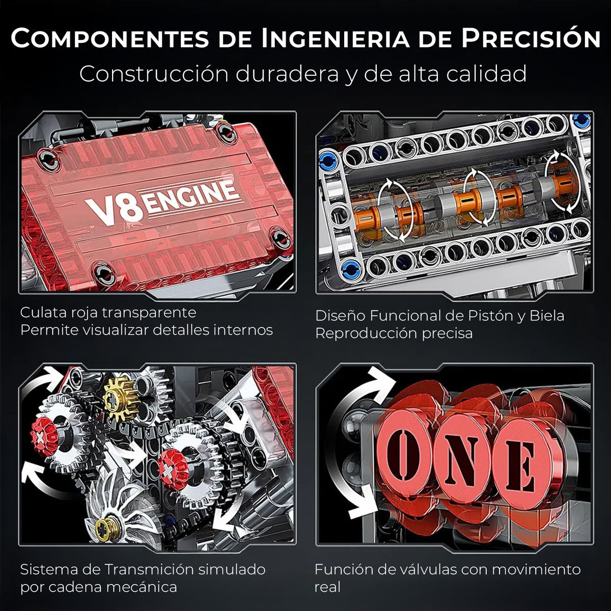 Motor V8 Modelo Armable Funcional A Pilas 478 Pzs 15x15cm