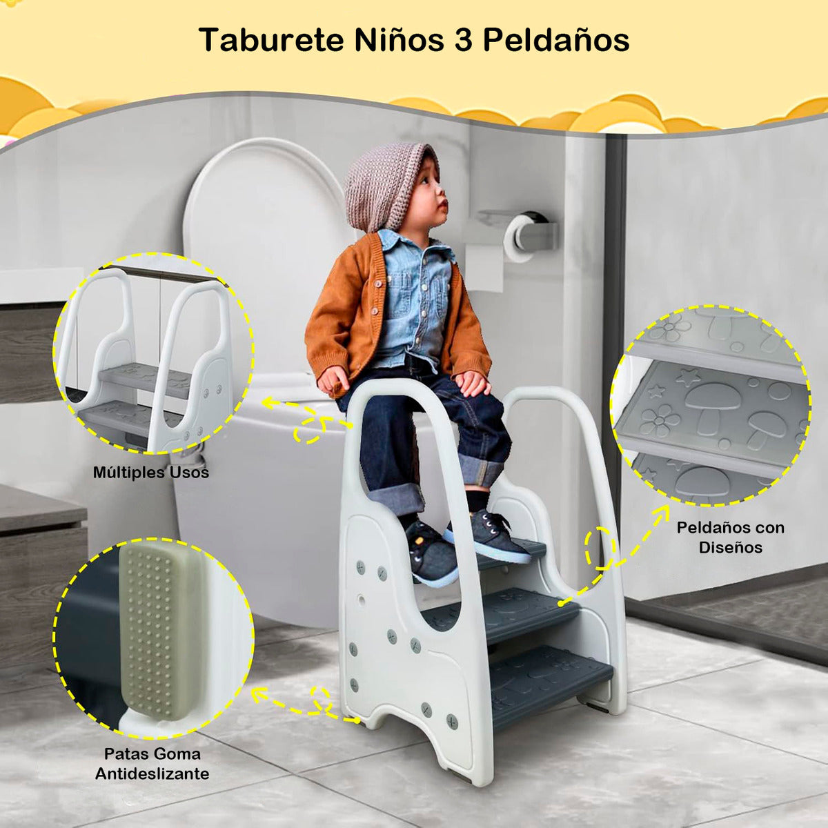 Taburete Escalera Niños Baño Cocina Infantil De 3 Peldaños Nubo