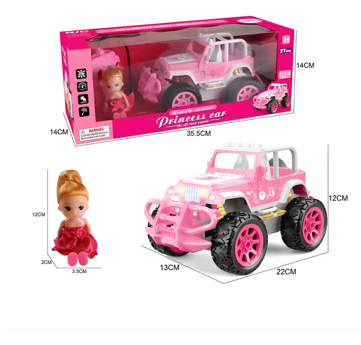 Auto Con Muñeca Jeep Control Remoto Princesas Niñas Luces Rosa